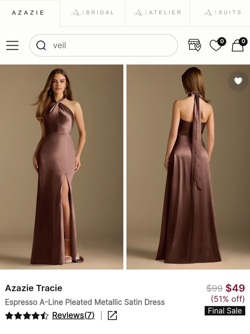 Azazie Espresso Halter Metallic Satin Gown